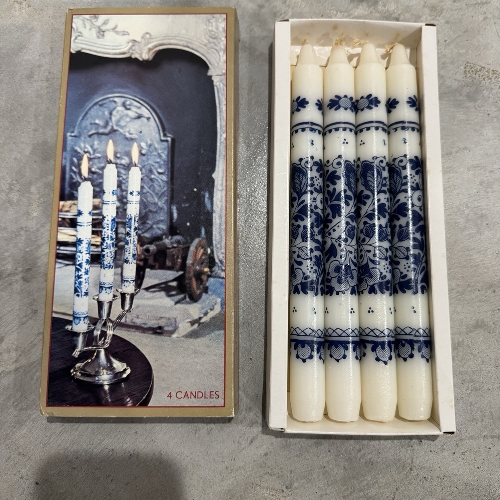 Vintage Delftware 10" Taper Candles Set Of 4 Blue White Floral UNUSED IN BOX